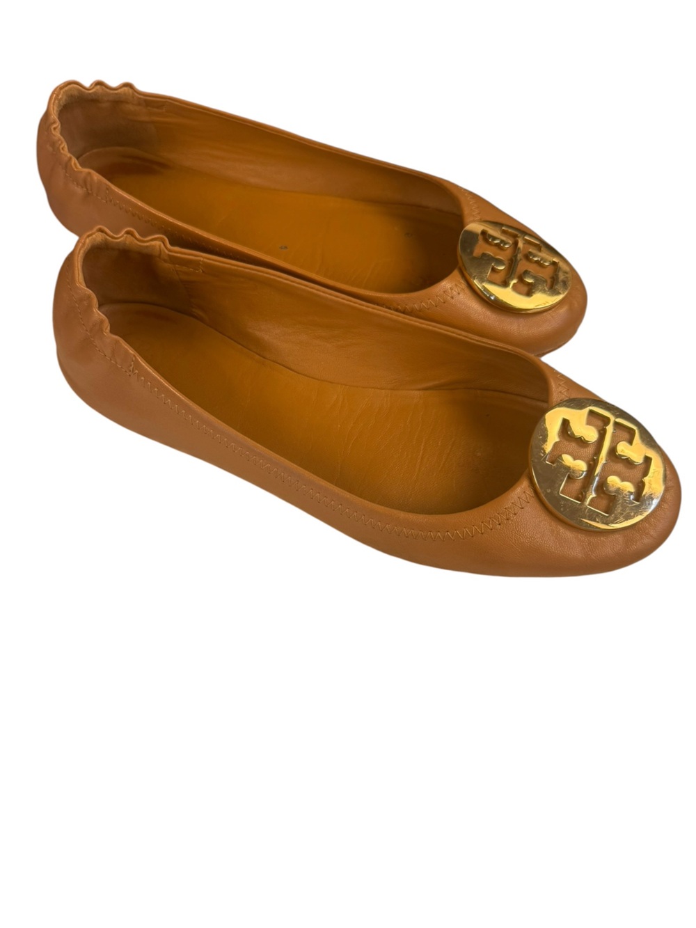 Tory Burch Minnie Travel Ballet Flats Tan Leather Gold Logo Size 8